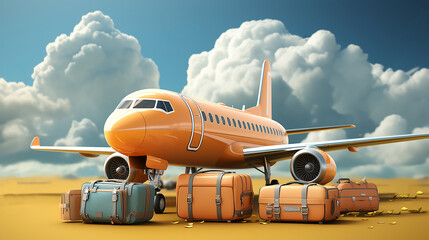Obraz premium airplane, luggage in a cloudy sky. Travel by plane creative concept in cartoon minimal style. 