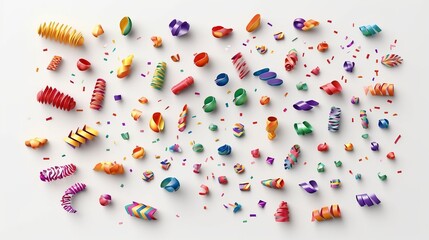 Obraz premium 3D Party Confetti Set Isolated on White. Render Plasticine Confetti Collection. Colorful Firecracker Elements in Various Shapes. Party, Holyday, Surprise or Birthday Events. n generative ai