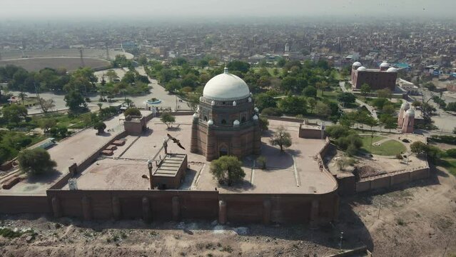 Aerial view of the Tomb of Hazrat Shah Rukn-e-Alam in Multan City in Punjab, Pakistan