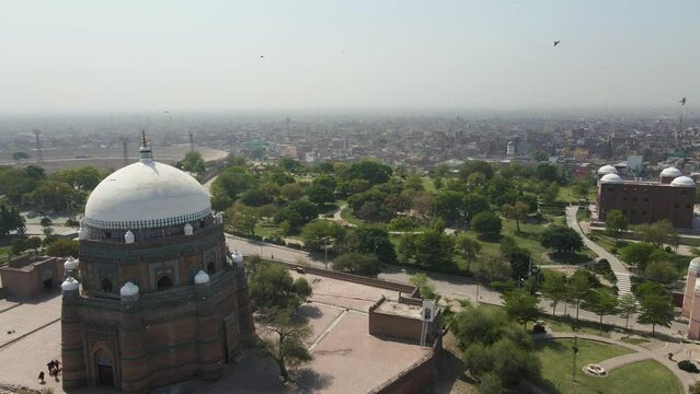 Aerial view of the Tomb of Hazrat Shah Rukn-e-Alam in Multan City in Punjab, Pakistan