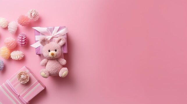 Baby accessories concept. Top view photo of knitted bunny rattle toy giftbox tiny socks teddy-bear toy milk bottle and shiny confetti on isolated pastel pink background with copyspace generative ai