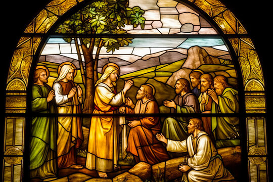 Majestic depiction of the Sermon on the Mount, beautifully portrayed through a vibrant cathedral stained glass window, deepening faith and spirituality. Generative AI
