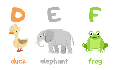 English alphabet with a set of vector illustrations of cute animals. A group of isolated uppercase letters with animals. Children's font for children ABC book symbols pack. Duck, elephant, frog