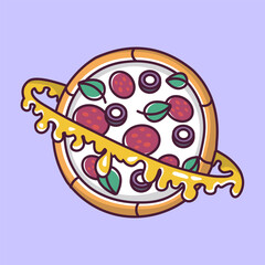 pizza planet with cheese and sausage cartoon style