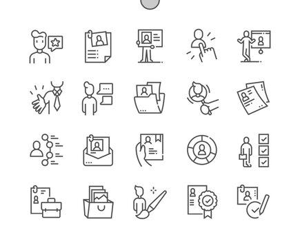 Self presentation. CV and resume. Open vacancy, portfolio, skills. Pixel Perfect Vector Thin Line Icons. Simple Minimal Pictogram