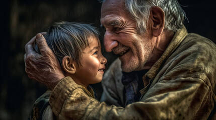 Fototapeta premium old man and child, meeting people of different generations, made with Generative AI