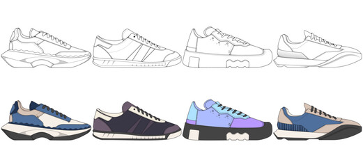 Set of shoes sneaker drawing vector, Sneakers drawn in a sketch style, bundling sneakers trainers template, vector Illustration.