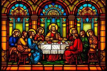 Stunning, vibrant stained-glass depiction of the Last Supper with Jesus and his apostles in a Catholic cathedral. Richly emotional, perfect for catechism education. Generative AI