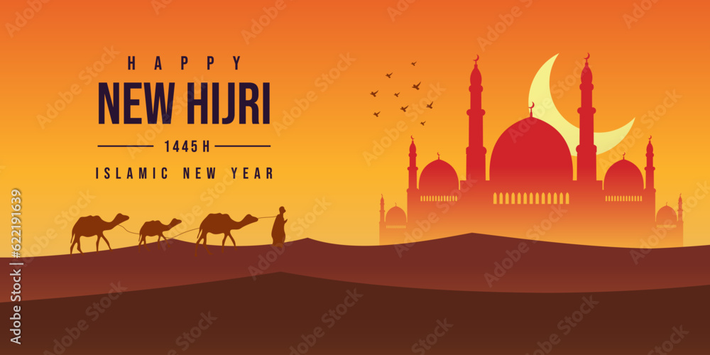 Sticker happy new hijri year 1445 background with moon, bird, mosque, arabic letter, people and camel on des