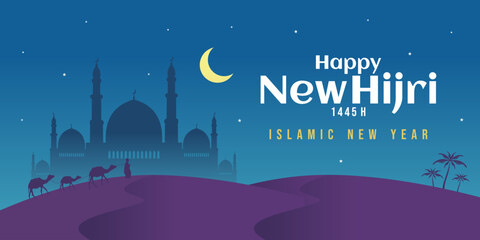 Happy new hijri year 1445 background with moon, star, mosque, arabic letter, people and camel on desert at night. Islamic banner poster.