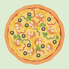 tasty pizza with shrimps, black olives, paprika and parsley leaves