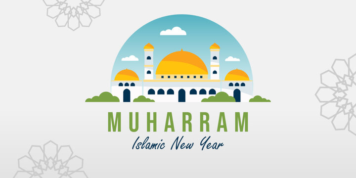 Happy muharram islamic new year banner with cloud, mosque and muslim ornaments isolated on white color for islamic background poster.
