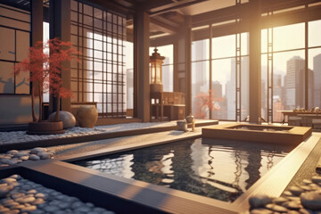 A luxury ryokan room with a large hot spring, Generative AI - obrazy, fototapety, plakaty
