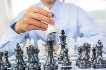 hand moves chess with strategy and tactic to win enemy, play battle on board game, business...