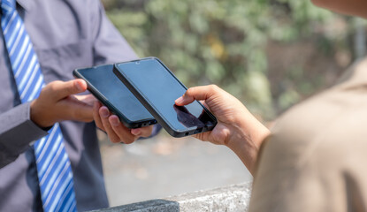 Asia customer woman hand scan QR code payment and pick up purchase online shopping food, Grocery man delivers service organic vegetable and fruit