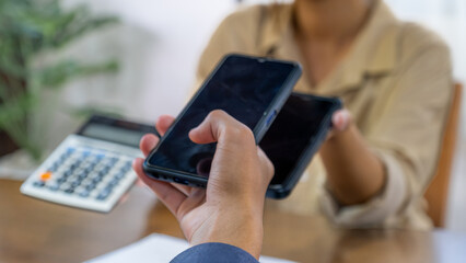 Asia customer man hand scan QR code payment and pick up purchase online shopping food, Grocery woman delivers service organic vegetable and fruit