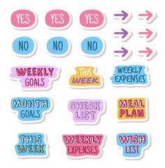 Diary stickers. Check and with list, goals and arrows, yes and no labels. Cute pink marks for memo and motivation. Girls planner and timetable, school notebook agenda. png isolated set