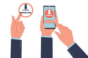Hands press download button on smartphone screen to downloading information from Internet. Mobile application. Save file to personal phone. Cartoon flat isolated illustration. png concept