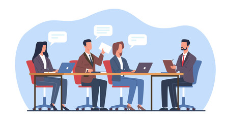 Supervisor takes notes at meeting while listening to employee information. Male and female characters with expert on team brainstorm. Manager in office. Cartoon flat isolated png concept
