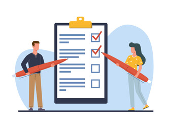 Man and woman hold pens and write down goals to achieve or make to do list. Tiny people with huge checklist, red pencil and clipboard paper. Cartoon flat style isolated png concept