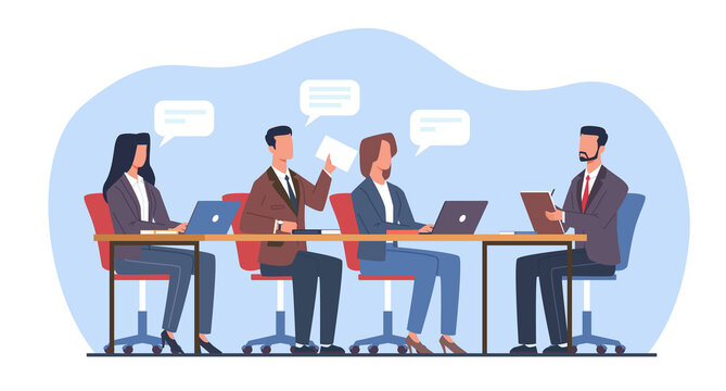 Supervisor takes notes at meeting while listening to employee information. Male and female characters with expert on team brainstorm. Manager in office. Cartoon flat isolated png concept