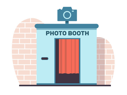 Photo booth for quick photos near brick wall. Digital kiosk for passport, family and wedding photos. Kiosk with red curtains. Photography equipment. Cartoon flat isolated png concept