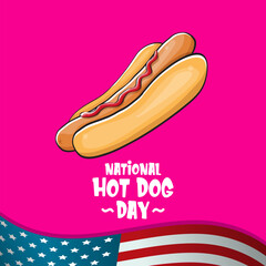 National hot dog day poster with funny cartoon hot dog. Hot dog day label or print for tee isolated on usa flag background.