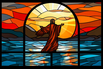 Stunning stained glass showcases Jesus on water, reflecting Matthew 14:25. Beautiful hues captured perfectly in a cathedral setting. Generative AI