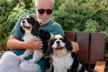 Blurry Senior smiling man with black sunglasses sitting on a bench in the park with his two cavalier king charles dogs. Elderly bearded man  and his best friends