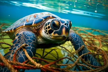 Naklejka na ściany i meble Dramatic sea turtle entangled in vibrant red six-pack plastic ring. Distress of marine life amid ocean blues conveys urgent eco-conservation message. Generative AI