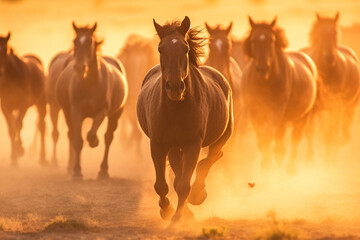 A herd of horses in a field runs in the dust at sunset, stock photography lightining