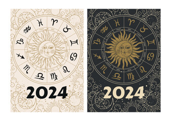 2024 astrology cover for diary, calendar. Sun and moon with face, zodiac wheel with 12 horoscope symbols. Mystical vector print.