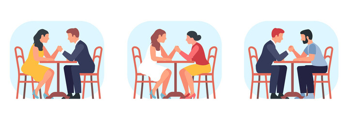 Set of men and women sitting and competing at table, arm wrestling at desk. Concept of life competition. Gender confrontation, armwrestling sport. png cartoon flat isolated illustration