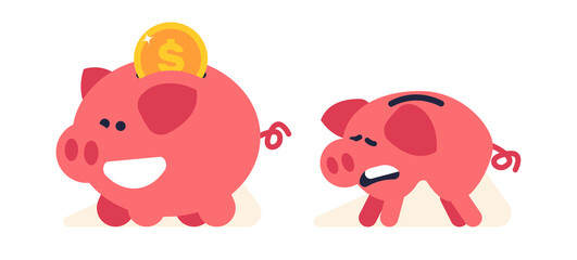 Smiling cheerful full and sad empty piggy bank. Fat money box with coin and skinny crying. Make financial savings. Income and cash in thrift-box cartoon flat isolated png concept