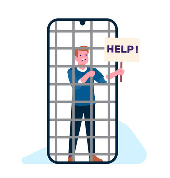 Young man suffering from nomophobia and phone addiction. Sad man in prison in form of smartphone with help sign, social media and internet. Cartoon flat style isolated png concept