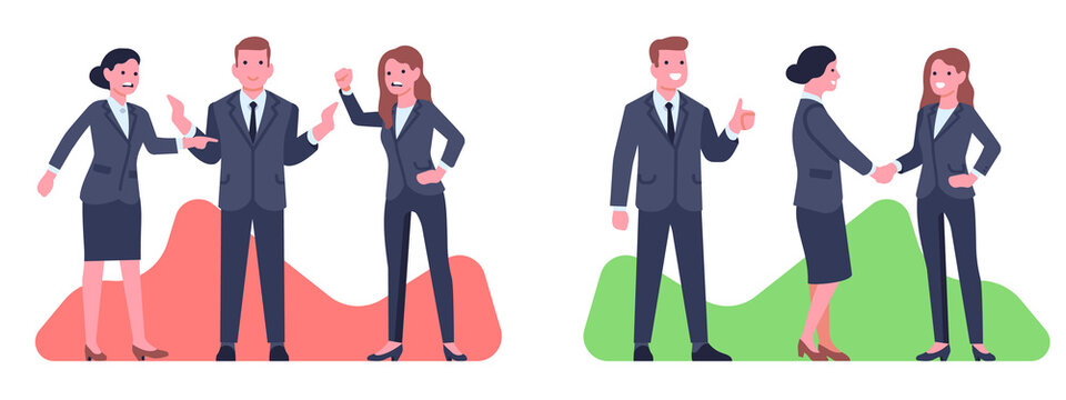 Business mediator finds compromise and stops conflict. Happy and angry businessman, Agreement on meeting. People handshake. Cartoon flat isolated illustration. png communication concept