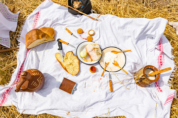 Fototapeta premium Aerial view on set retro breakfast like in old times, outdoor