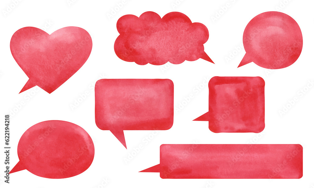 Poster set of watercolor bubbles for text, windows for dialogue in red color isolated on white background. 