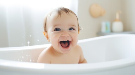 a baby happy bath time, a child laughing in bath tub. Bathing and washing of little kid. Children care and hygiene concept.