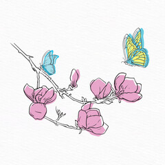 Magnolia flower and butterfly line drawing 
