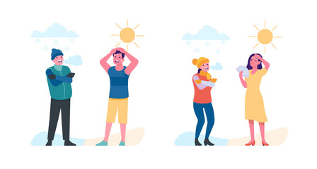 Fototapeta premium People on cold and heat. Frosty or warm. Hot days. Man in beach clothes. Sweat from heatstroke. Woman in jacket and hat. Shivering from freeze. Summer and winter weather. png concept