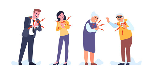 Men and women experience chest sharp pain. Heart attack. Cardiovascular disease. Young and senior people hypertension illness. Infarction symptom. Arrhythmia and pressure. png concept