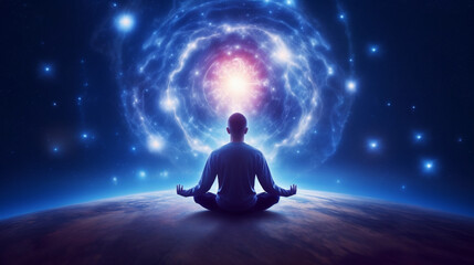 A person meditating in a cosmic space with stars in the background