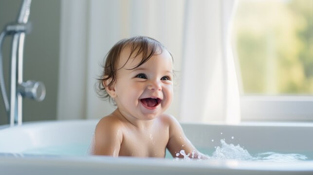 a baby happy bath time, a child laughing in bath tub. Bathing and washing of little kid. Children care and hygiene concept.