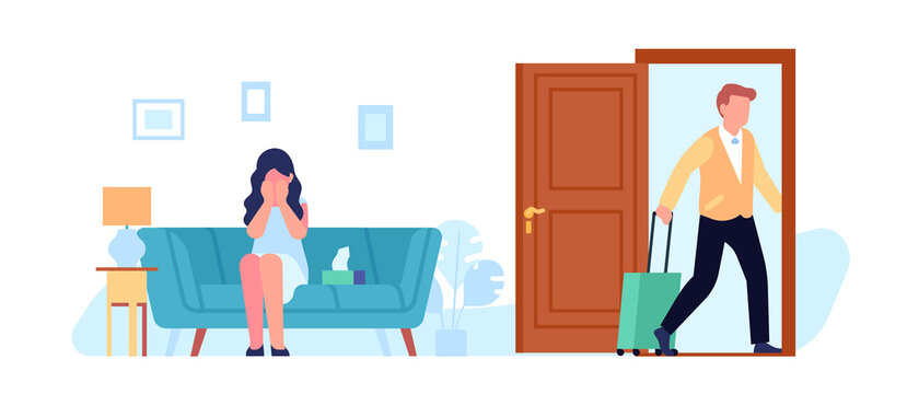 Man Leaves Unhappy Crying Woman. Guy With Suitcase Walking Out Door. Couple Relationship Divorce. Family Destroying. Male And Female Quarrel. Mother And Father Breakup. Png Concept