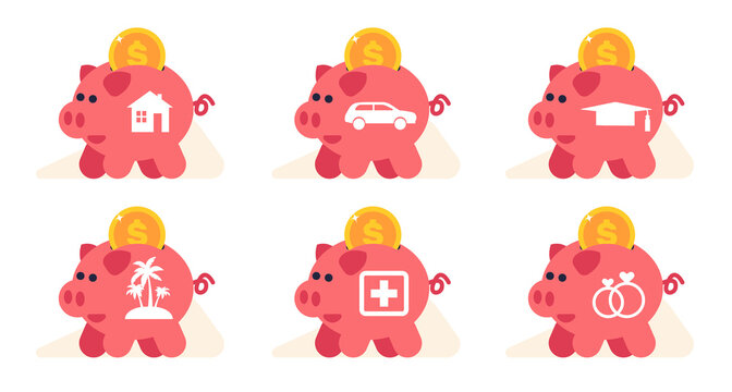 Collecting Money In Piggy Bank To Buy House, Car, School, Medical Treatment, Marriage And Vacation. Icons Or Stickers Collection. Family Investments Cartoon Flat Isolated Png Set