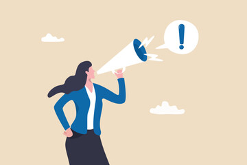 Attention announcement, important message or communicate broadcasting, loudspeaker or exclamation point loud voice concept, confidence businesswoman talking on megaphone with exclamation attention. - obrazy, fototapety, plakaty