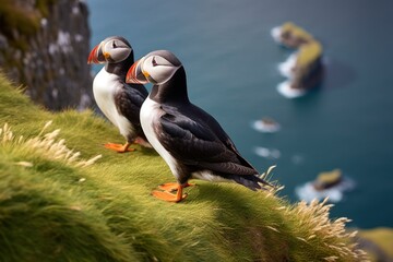 a pair of puffins sitting on a cliff together, great saltee island, ireland, europe - obrazy, fototapety, plakaty