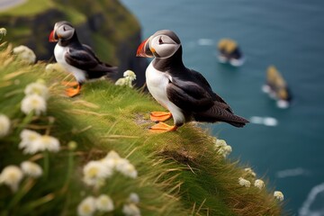a pair of puffins sitting on a cliff together, great saltee island, ireland, europe