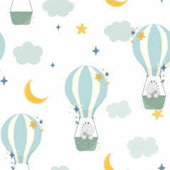 Beautiful kids seamless pattern with hand drawn cute dinosaurs flying on air balloons with stars and clouds. Stock illustration.